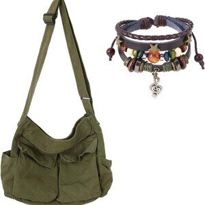 Canvas Hobo Messenger Bag for Women with Beaded Fairy Grunge Bracelets